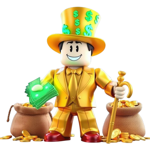 Wealthy Roblox Character with Golden Suit and Money